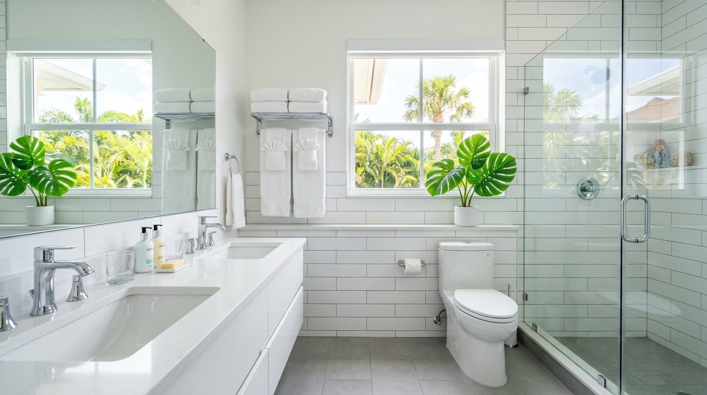 Sanitized bathroom with folded towels in Florida vacation home