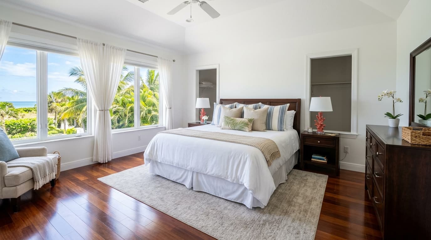Freshly made bed in vacation rental after professional cleaning