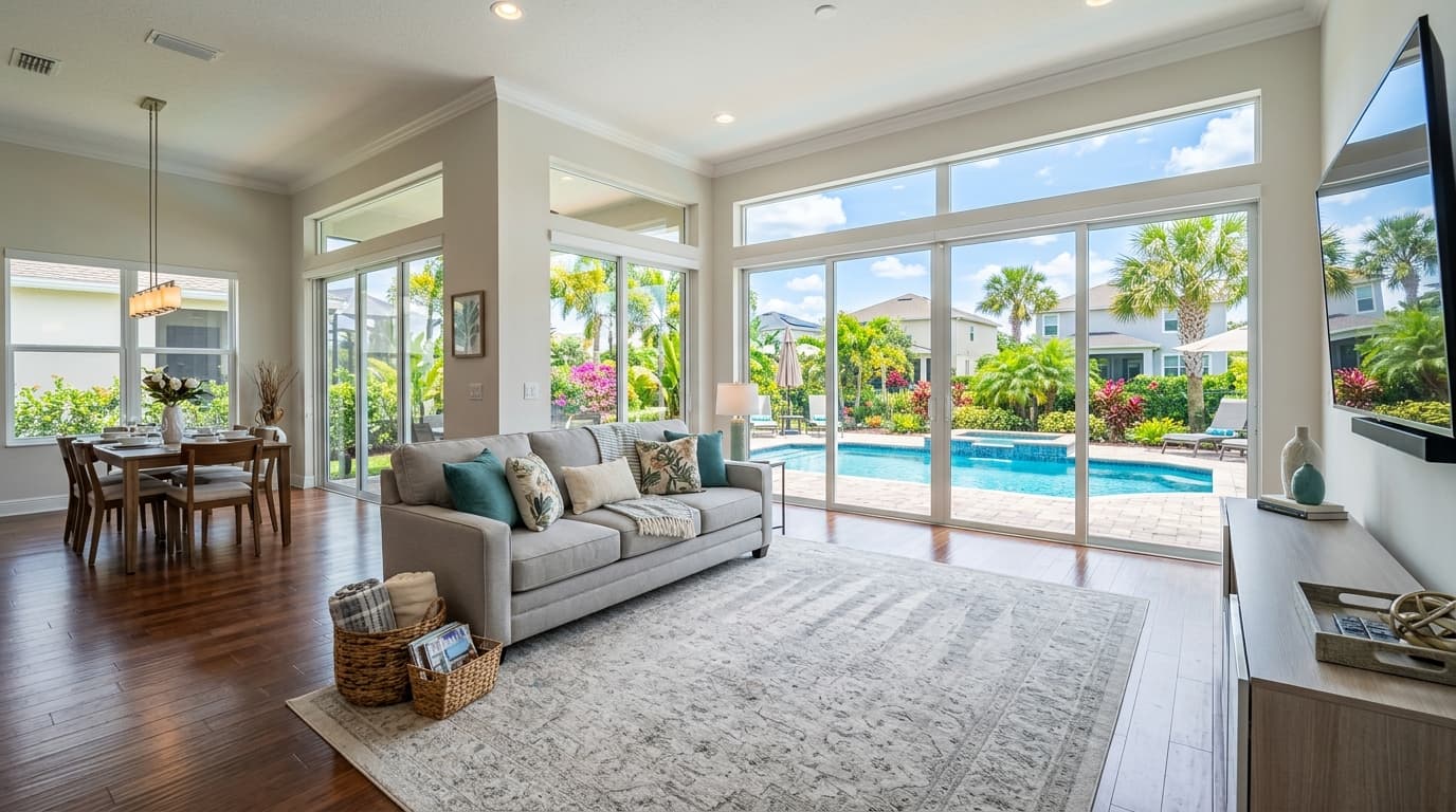 Clean bright living room overlooking pool in Kissimmee home